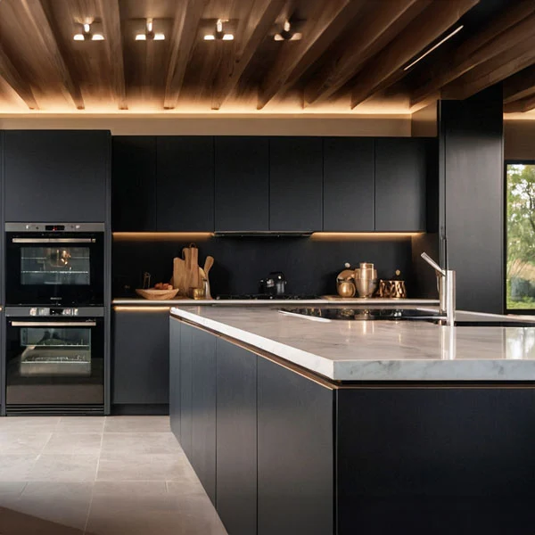 Modern kitchen with dark cabinetry, marble countertops, and sleek appliances.